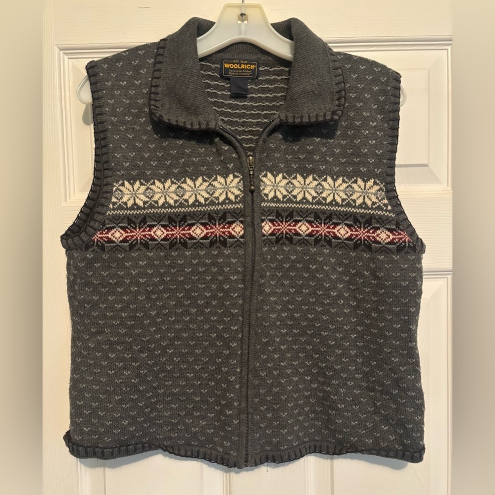 Vintage Woolrich Fair Isle Grey Zip Up Sweater Vest Size: Large